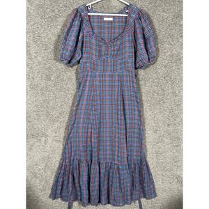 DOEN Women's Plaid Midi Dress Size S Short Puff Sleeve Tie Waist Cottagecore